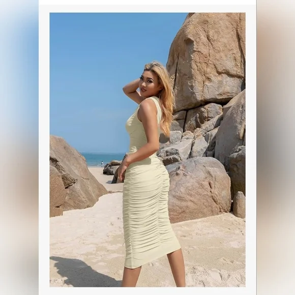 LAGSHIAN Bodycon One Shoulder Sleeveless Ruched Midi Dress #1022 NWOT - Picture 9 of 13